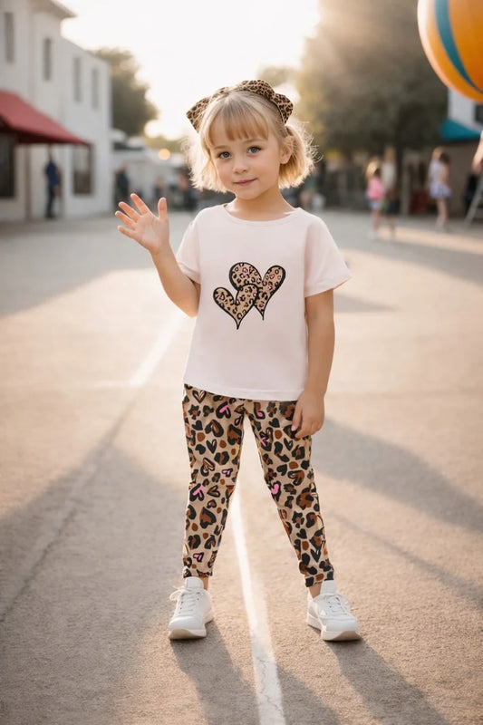 Off white Cheetah Heart printed T shirt with Cheeta Pajama kids suit