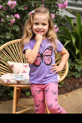 Purple Big butterfly printed half sleeves t shirt with butterfly printed pjs kids suit