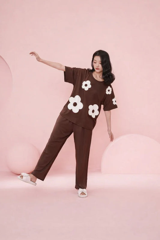 Dark Brown All over BIG White flower Night Suit