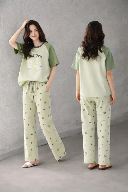 Olive green Carious Printed Night Suit