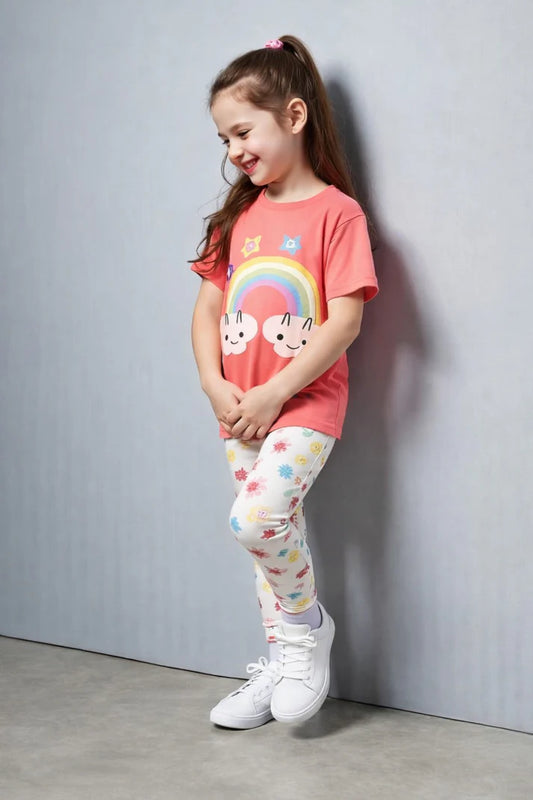 (NEW) Pink rainbow t shirt with multi STARS printed pajama kids night suit