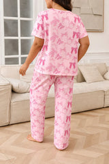 Pink All over Bow Half Sleeves Printed Night suit