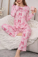 Pink All over Bow Full Sleeves Printed Night suit