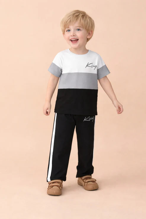 Black and Grey kivq printed half sleeves kids suit