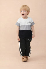 Black and Grey kivq printed half sleeves kids suit