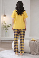 Yellow Cute Duck Printed half sleeves t shirt with check pajama night suit