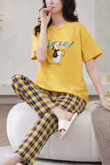 Yellow Cute Duck Printed half sleeves t shirt with check pajama night suit