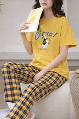 Yellow Cute Duck Printed half sleeves t shirt with check pajama night suit