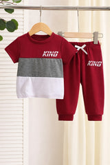 Maroon Grey Panel King Printed Half Sleeves Kids Suit