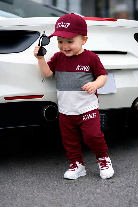 Maroon Grey Panel King Printed Half Sleeves Kids Suit