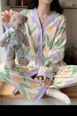 Off White with Multi Flowers Printed V-Neck Button Printed Pjs