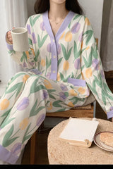Off White with Multi Flowers Printed V-Neck Button Printed Pjs