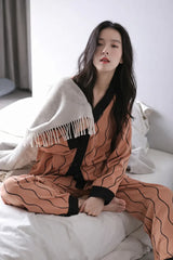 Orange with Black Linning V-Neck Button Printed Pjs