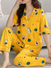 Yellow Avocado Printed Button Down Half Sleeves PJ Set