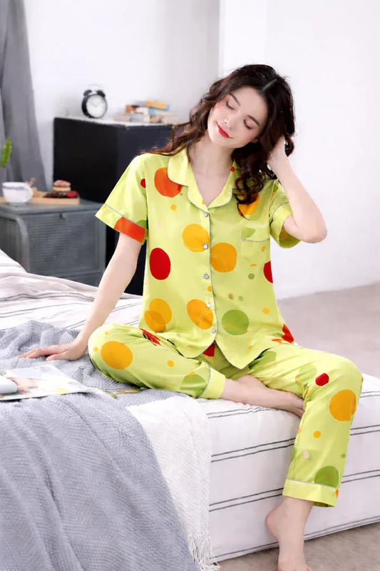 Lime Green Multi Dots Printed Button Down Half Sleeves PJ Set