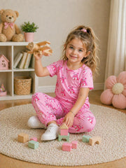 Baby Pink All Over Bears Printed Half Sleeves Kids Suit