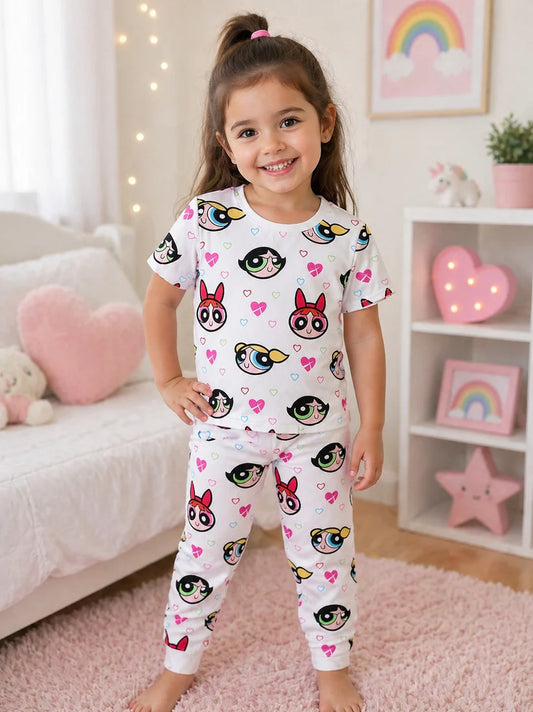 White Power Puff Girls Printed Half Sleeves Kids Suit