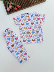 White Cute Rabbits Printed Half Sleeves Kids Suit