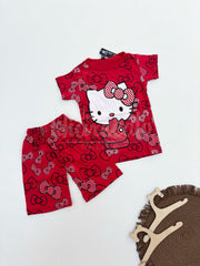 Red White Kitty Printed Half Sleeves Kids Suit