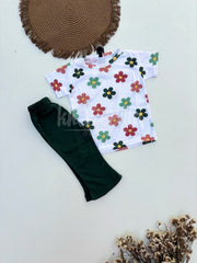 Off white Green Flower Printed Half Sleeves Kids Suit
