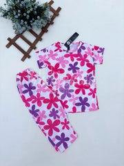 Off White Multi Flowers Printed Half Sleeves Kids Suit