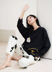 Black Flowers Print Full Sleeves Printed Pjs