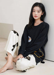 Black Flowers Print Full Sleeves Printed Pjs
