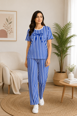 Bow Stripe Night Suit - Blue