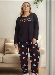 Black Multi Hearts Print Full Sleeves Night Suit