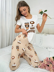 White Coffee Cake Printed Half Sleeves Night Suit