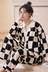 Off White with Black Check V-Neck Button Printed Pjs