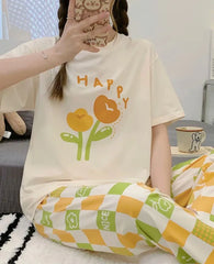 Off White Happy Flower Printed Half Sleeves Night Suit
