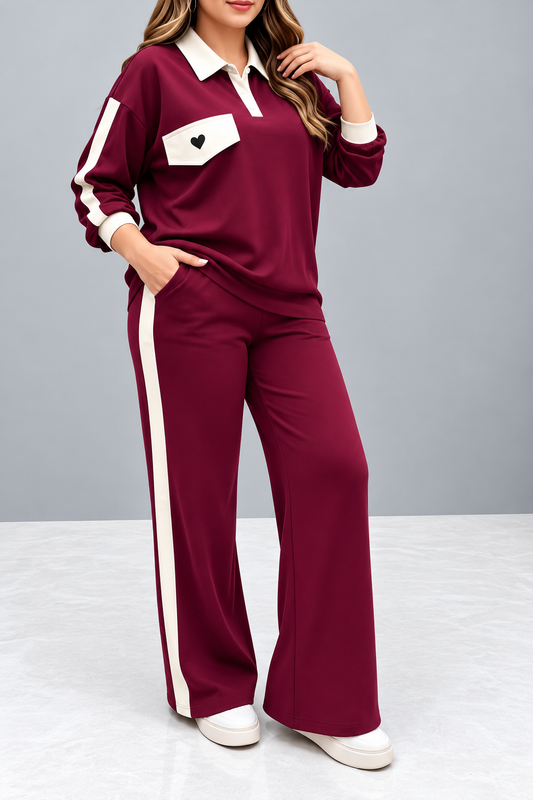 Maroon & White Stripe Heart Printed Collar Track Suit