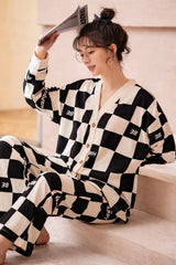 Off White with Black Check V-Neck Button Printed Pjs