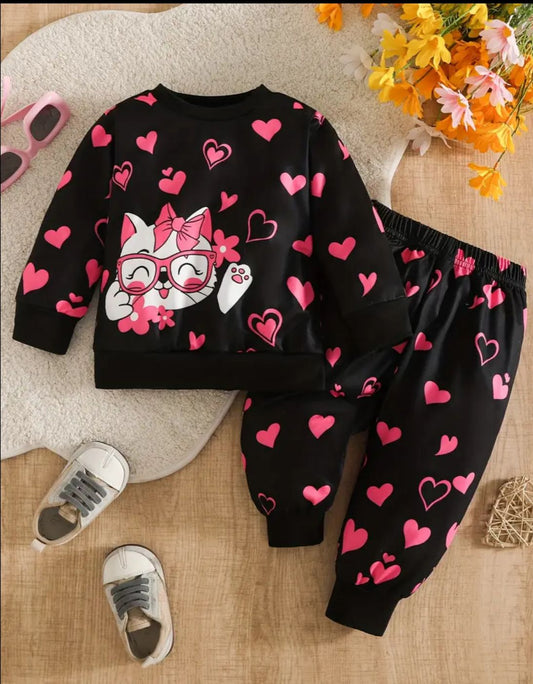 Black With Pink Kitty Kids Track Suit