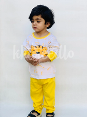Off White Lion with yellow pajama Printed Kids Night Suit (KO-609)