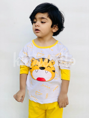 Off White Lion with yellow pajama Printed Kids Night Suit (KO-609)