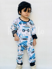 White and Blue Big Truck Printed Kids Night Suit (KO-615)