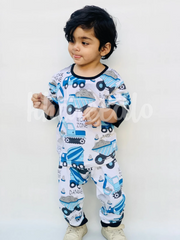 White and Blue Big Truck Printed Kids Night Suit (KO-615)