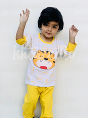 Off White Lion with yellow pajama Printed Kids Night Suit (KO-609)