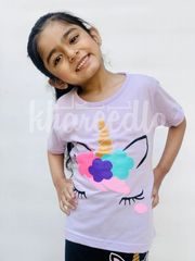 Purple Unicorn Printed Half Sleeves Printed Kids Night Suit (KO-618)