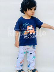 Navy Blue Mini Car with White pajama Printed Kids Night Suit (KO-616)