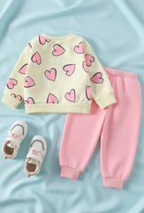 Off White with Pink Hearts Printed Track Suit