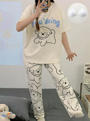 Off White Puppy Printed Half Sleeves Shirt With Puppy Printed Pajama Suit