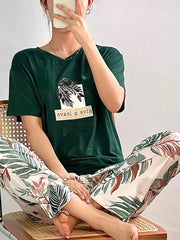 Bottle Green Leaf Print Half Sleeves T-shirt With Printed Pajama Suit