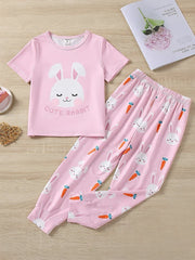 Baby Pink Cute Rabbit Printed Half Sleeves T-shirt with Rabbit Printed Pajama Kids Suits (KO-629)