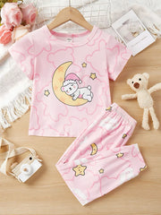 Baby Pink Moon Bear Printed Half Sleeves T-shirt with Moon Star Printed Pajama Kids Suits (KO-628)