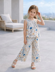 White Flowers Sleeves Less Kids Suit