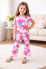 Off White Multi Flowers Printed Half Sleeves Kids Suit
