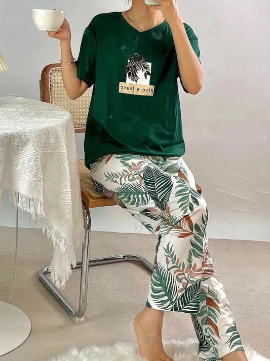 Bottle Green Leaf Print Half Sleeves T-shirt With Printed Pajama Suit